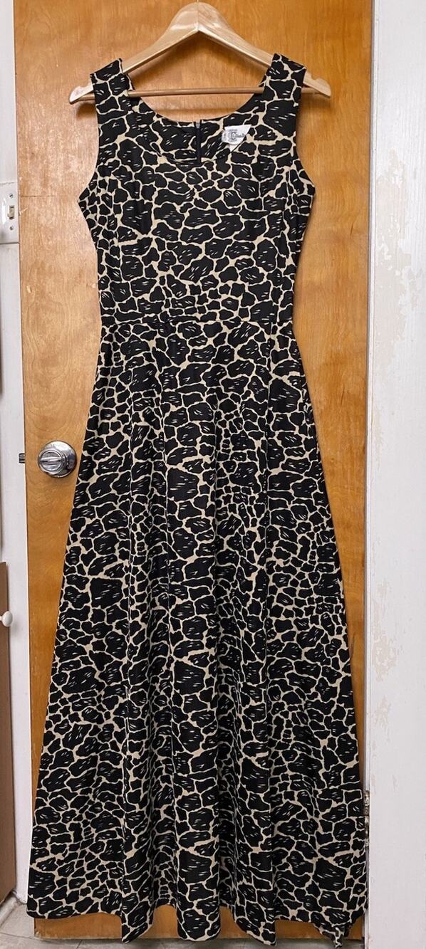 Vintage 1960s 70s Knit Giraffe Animal Print Maxi Dress Size 14 L Hostess Safari